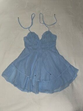 Light Blue Mini Dress Swiss Dot Cinderella Pretty Summer Medium-Large Tie Straps